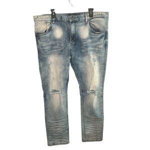 Smoke Rise Men's Distressed Slim Patch Wash Sz 42x32 Denim Jeans Ripped Knees